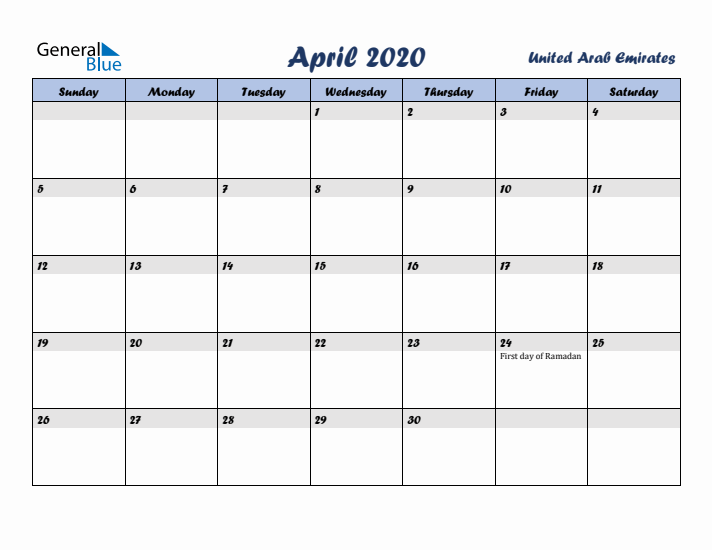 April 2020 Calendar with Holidays in United Arab Emirates