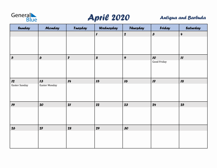 April 2020 Calendar with Holidays in Antigua and Barbuda