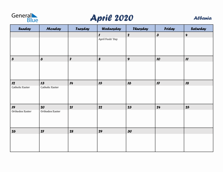 April 2020 Calendar with Holidays in Albania