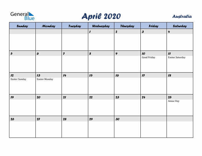 April 2020 Calendar with Holidays in Australia