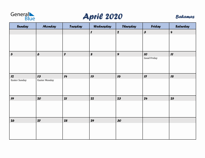 April 2020 Calendar with Holidays in Bahamas