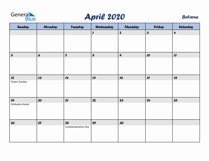 April 2020 Calendar with Holidays in Belarus