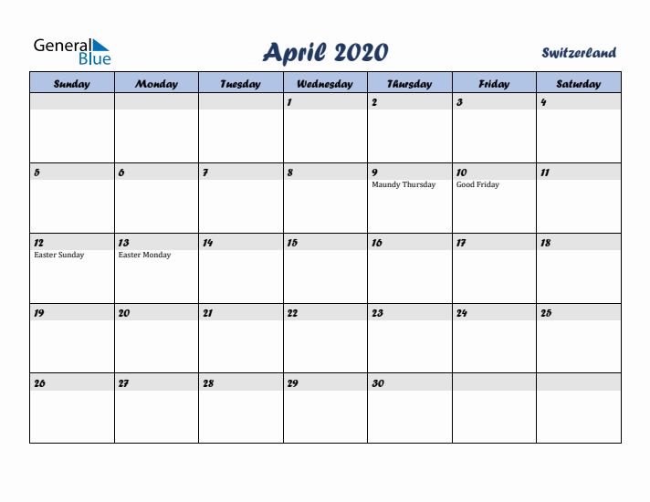 April 2020 Calendar with Holidays in Switzerland