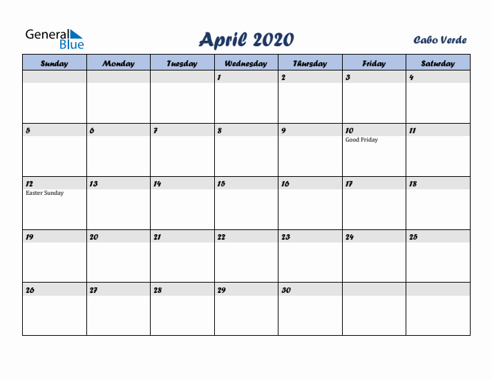 April 2020 Calendar with Holidays in Cabo Verde