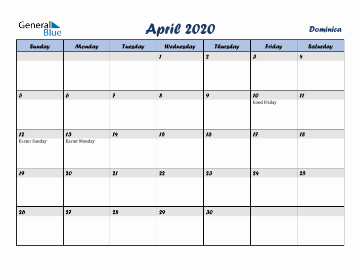 April 2020 Calendar with Holidays in Dominica