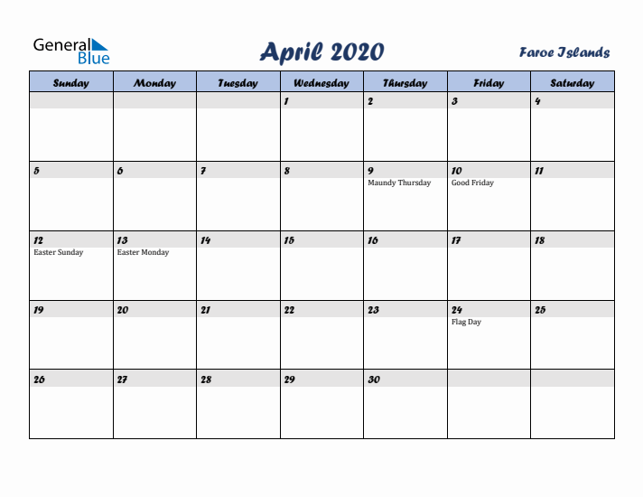 April 2020 Calendar with Holidays in Faroe Islands