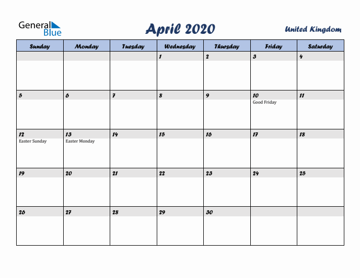 April 2020 Calendar with Holidays in United Kingdom