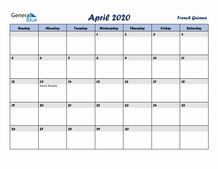 April 2020 Calendar with Holidays in French Guiana