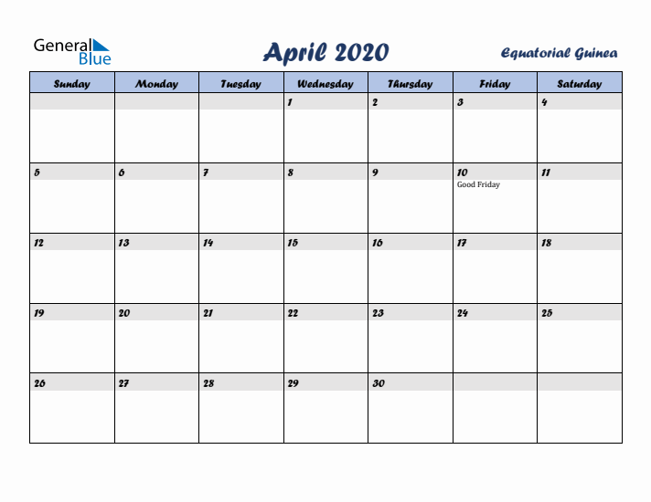 April 2020 Calendar with Holidays in Equatorial Guinea