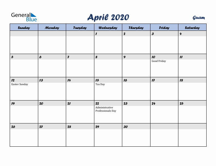 April 2020 Calendar with Holidays in Guam