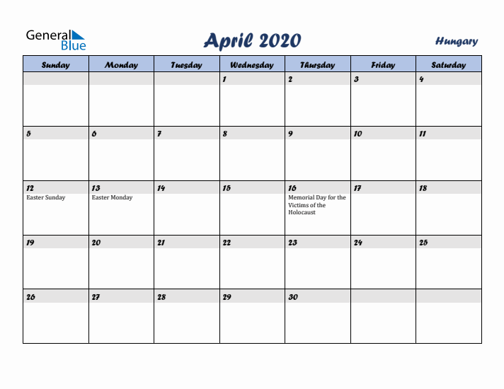 April 2020 Calendar with Holidays in Hungary