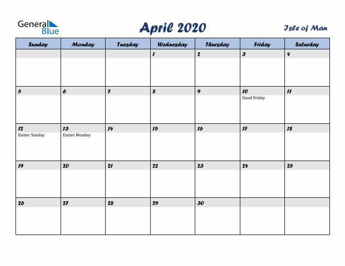 April 2020 Calendar with Holidays in Isle of Man