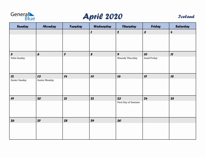 April 2020 Calendar with Holidays in Iceland