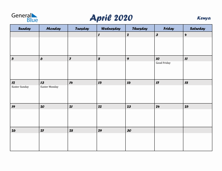 April 2020 Calendar with Holidays in Kenya