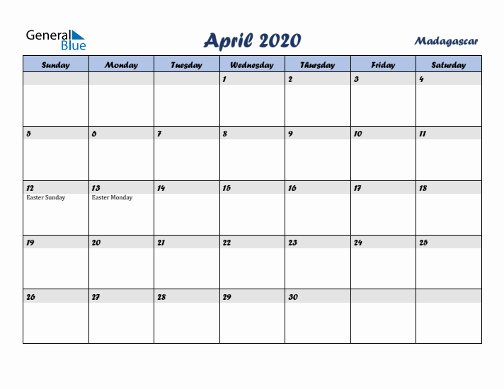 April 2020 Calendar with Holidays in Madagascar