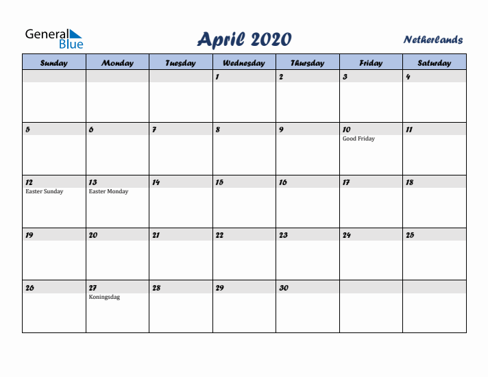 April 2020 Calendar with Holidays in The Netherlands