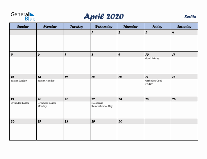 April 2020 Calendar with Holidays in Serbia