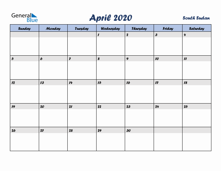 April 2020 Calendar with Holidays in South Sudan