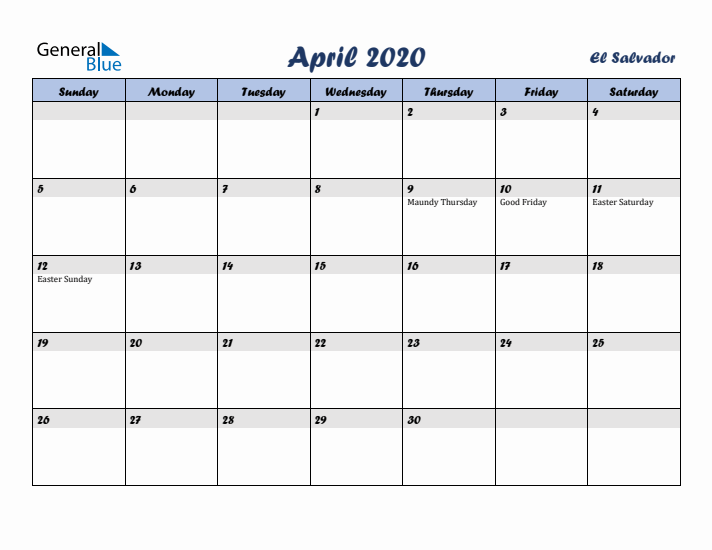 April 2020 Calendar with Holidays in El Salvador