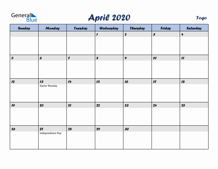 April 2020 Calendar with Holidays in Togo