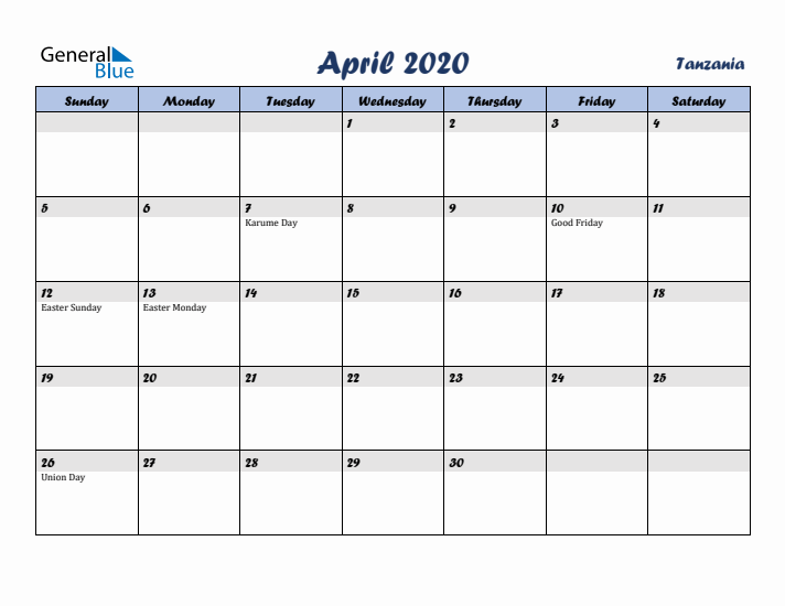 April 2020 Calendar with Holidays in Tanzania