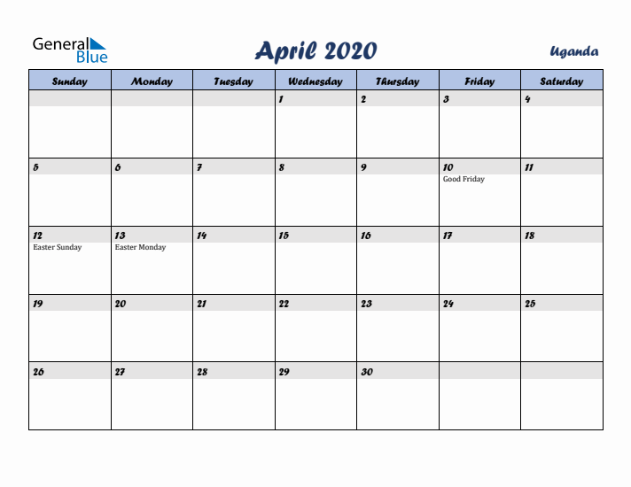 April 2020 Calendar with Holidays in Uganda