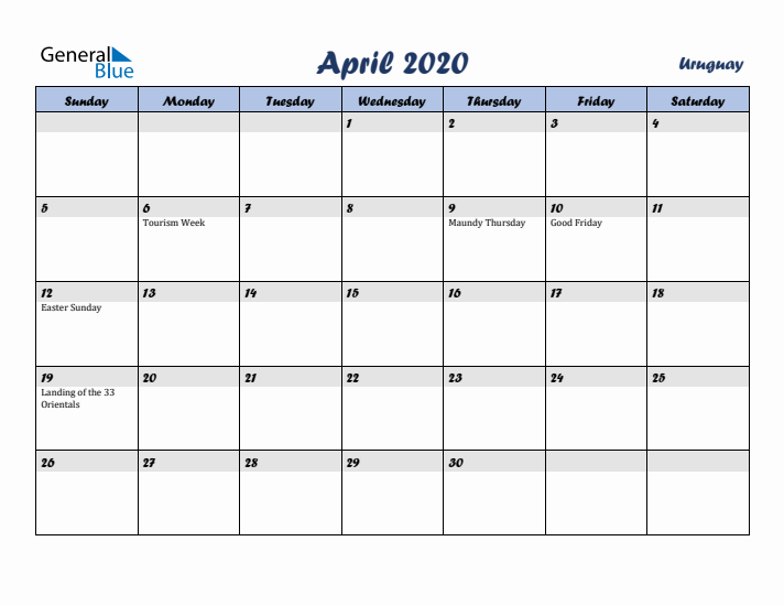 April 2020 Calendar with Holidays in Uruguay