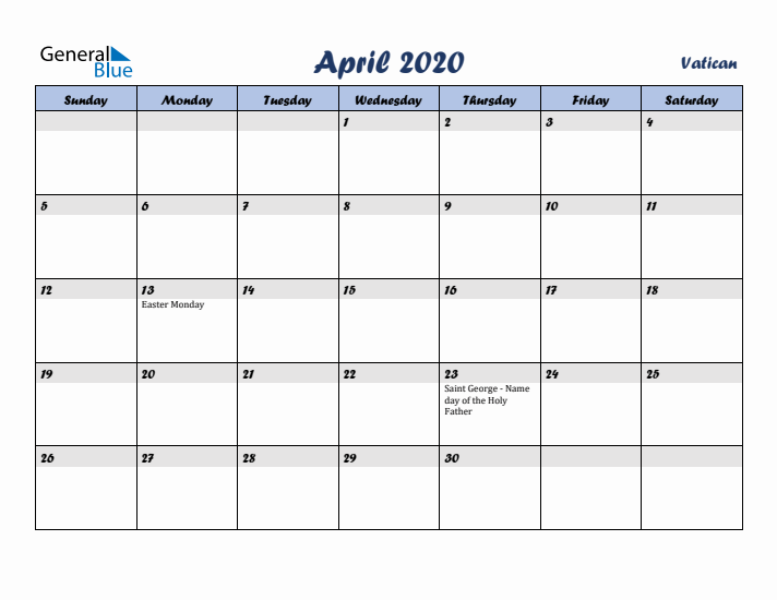 April 2020 Calendar with Holidays in Vatican