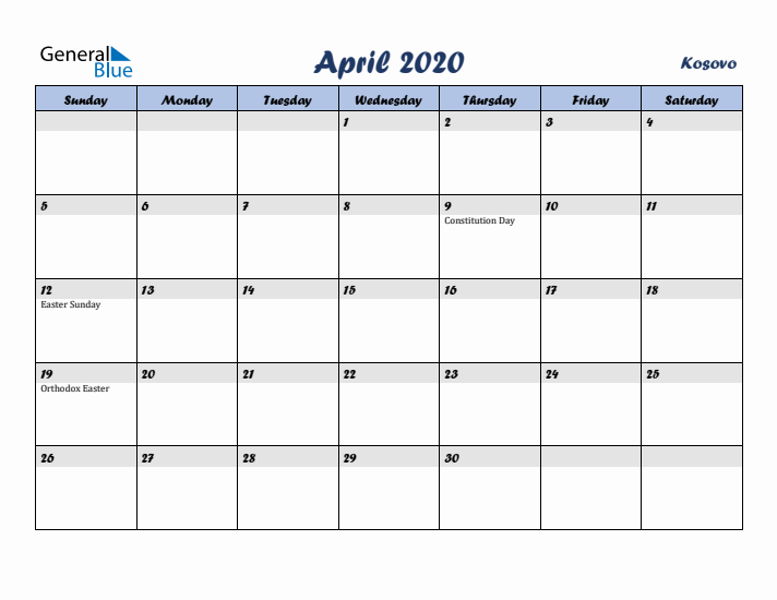 April 2020 Calendar with Holidays in Kosovo