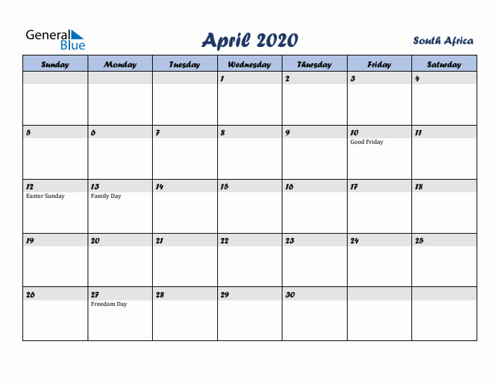 April 2020 Calendar with Holidays in South Africa