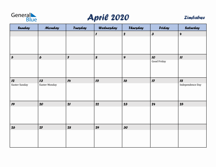 April 2020 Calendar with Holidays in Zimbabwe