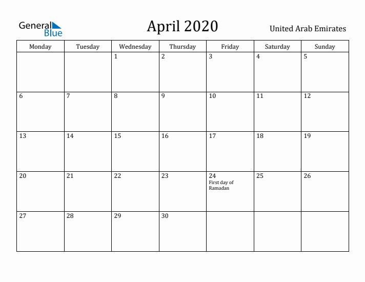 April 2020 Calendar United Arab Emirates