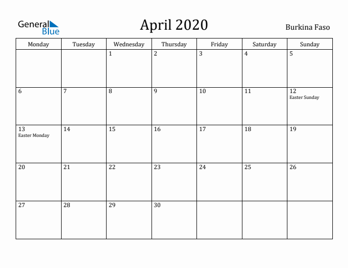 April 2020 Calendar Burkina Faso