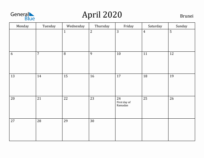 April 2020 Calendar Brunei