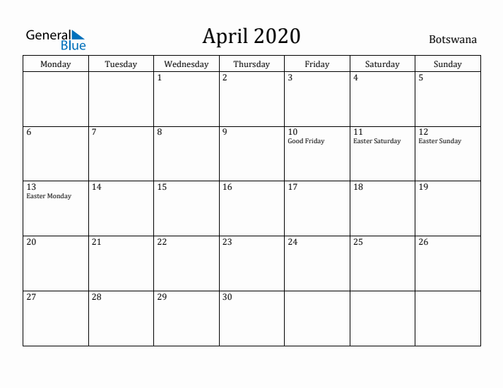 April 2020 Calendar Botswana