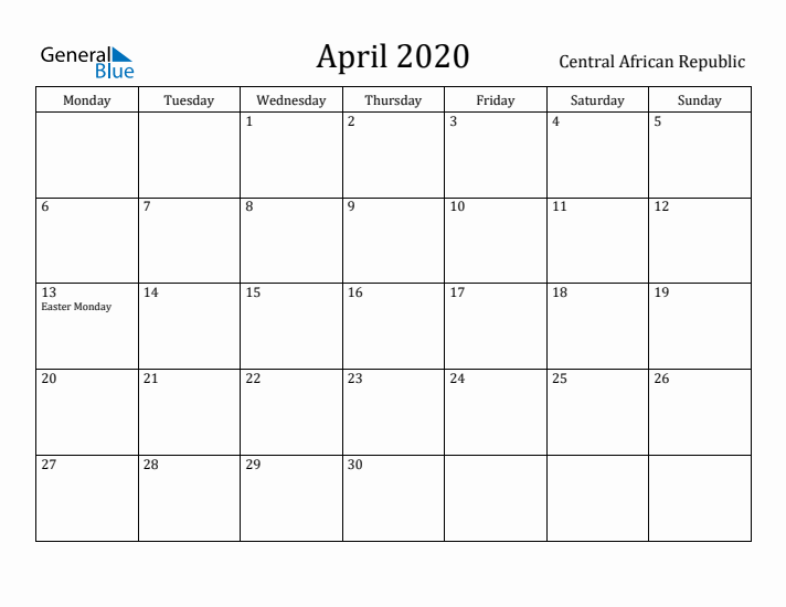 April 2020 Calendar Central African Republic