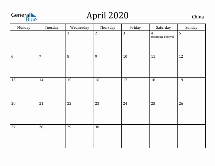 April 2020 Calendar China