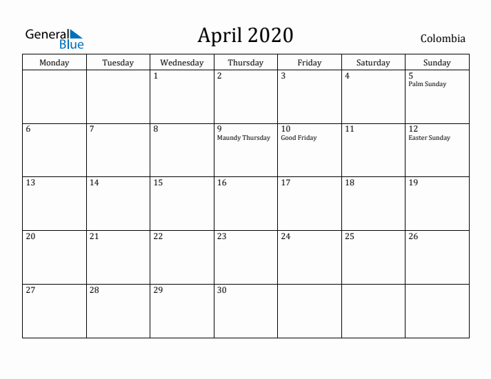 April 2020 Calendar Colombia