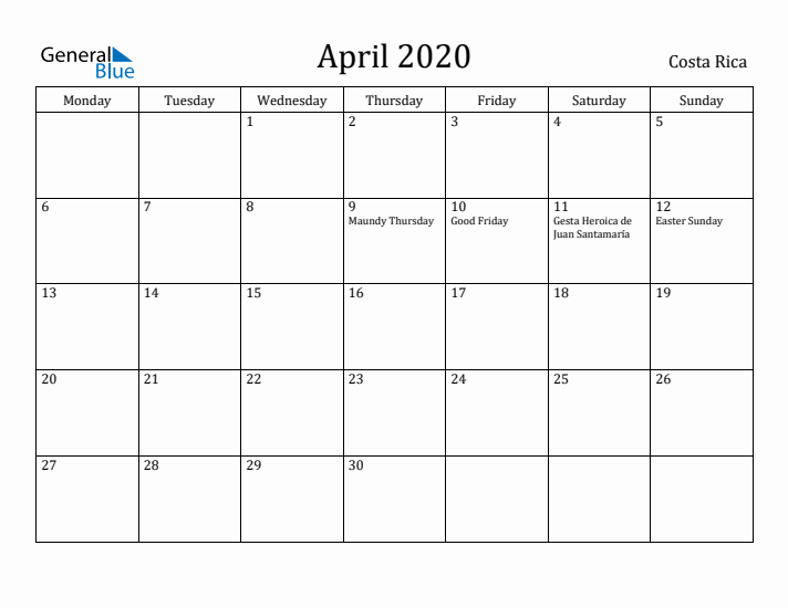 April 2020 Calendar Costa Rica