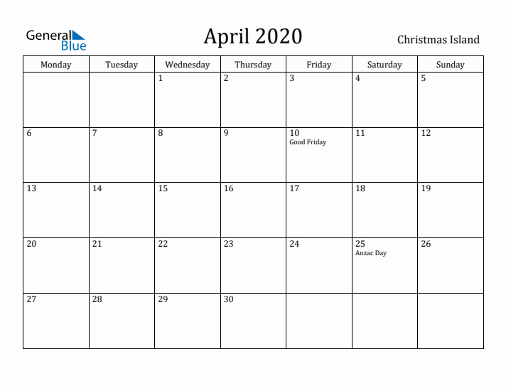 April 2020 Calendar Christmas Island