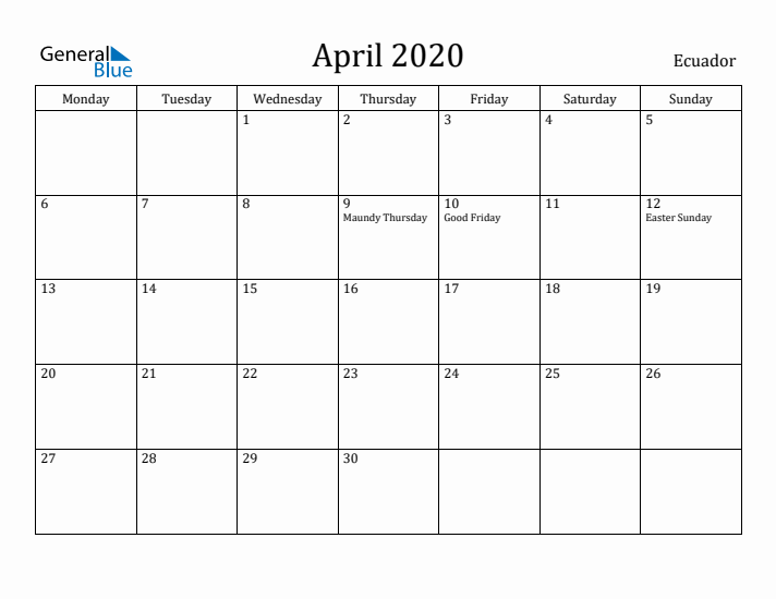 April 2020 Calendar Ecuador