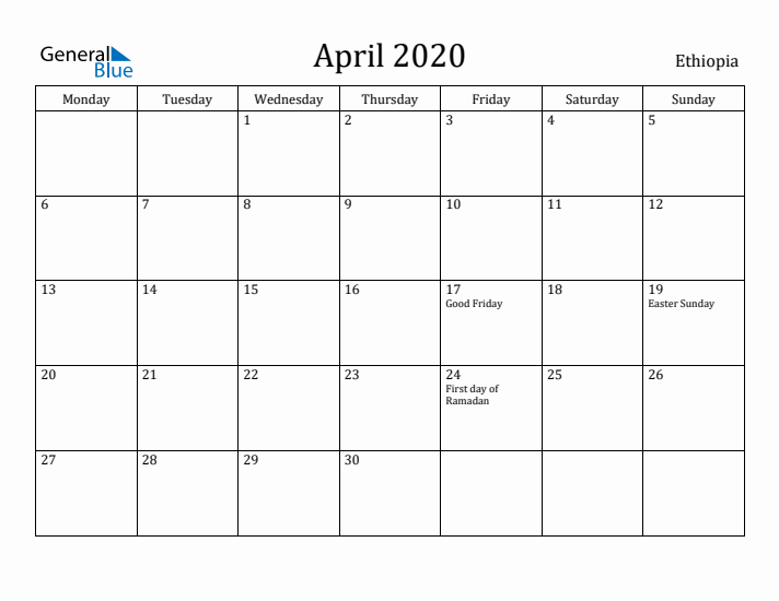 April 2020 Calendar Ethiopia