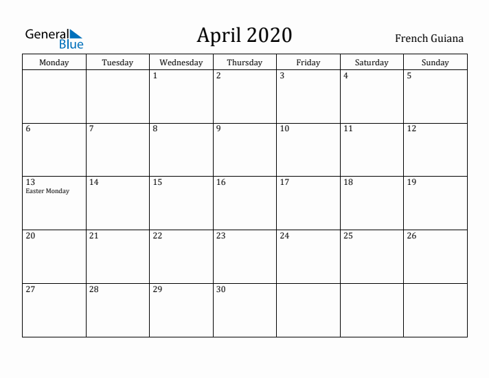 April 2020 Calendar French Guiana