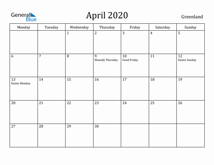 April 2020 Calendar Greenland