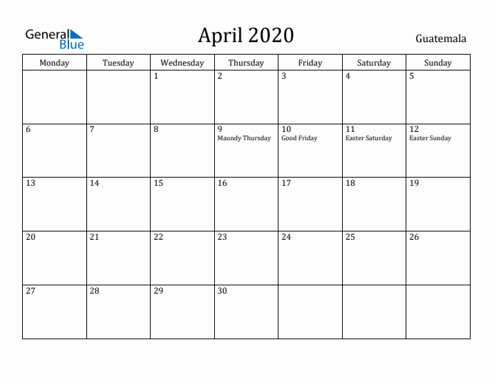 April 2020 Calendar Guatemala