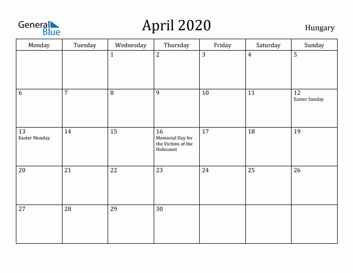 April 2020 Calendar Hungary