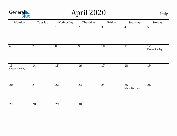 April 2020 Calendar Italy