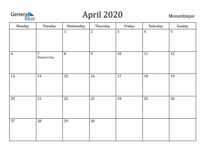 April 2020 Calendar Mozambique