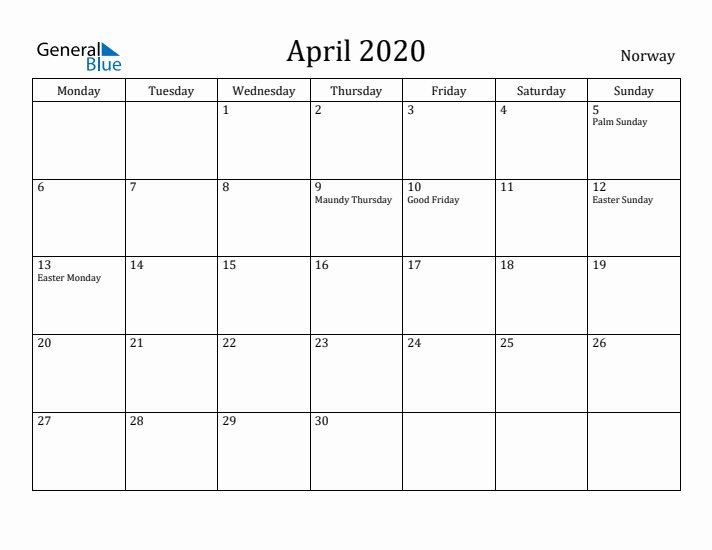 April 2020 Calendar Norway