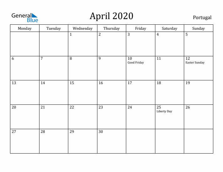 April 2020 Calendar Portugal